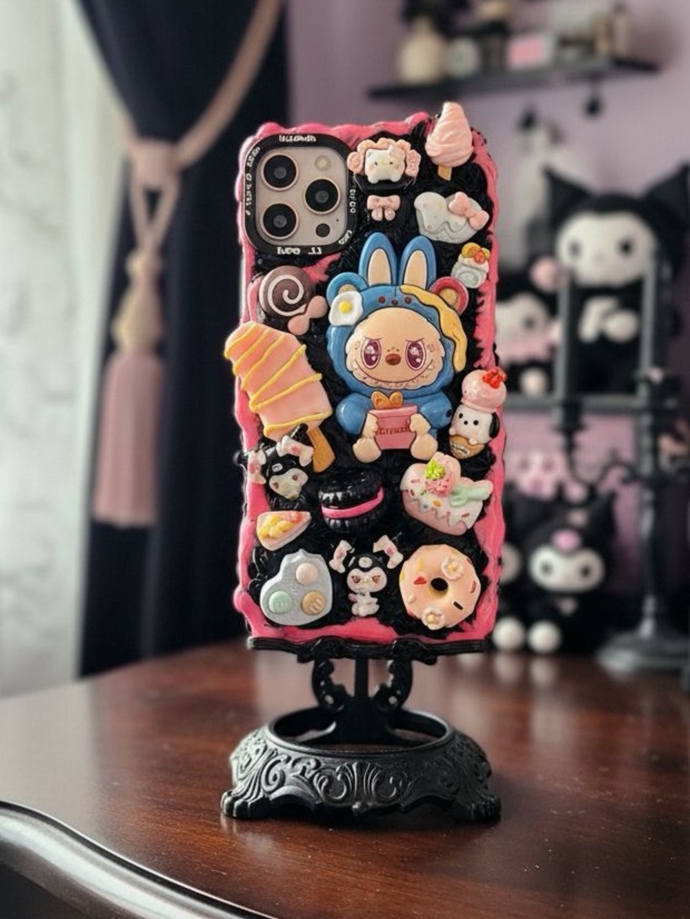Kawaii monster Bunny Dessert Decoden Phone Case - Pink & Black Handmade